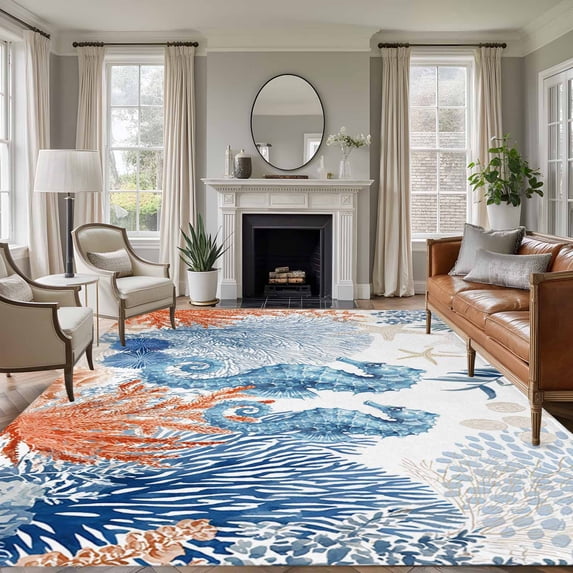 Sea Corals Seahorse Washable Living Room Rugs 5'x8', Summer Beach Sea Stars Low Pile Throw Large Area Rug Non-Slip Sturdy Edge Binding Carpet for Living Room Kitchen Office