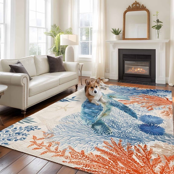 Sea Corals Turtle 5x8 Rug for Bedroom Under Queen Bed Placement, Summer Beach Sea Stars Linen Texture Washable Non Slip Large Rectangle Area Rug