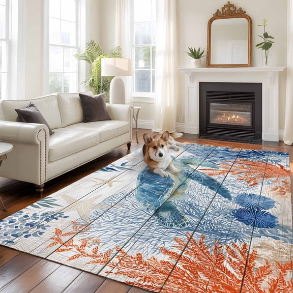 Sea Corals Turtle 5x8 Rug for Bedroom Under Queen Bed Placement, Summer Beach Sea Stars Wood Grain Washable Non Slip Large Rectangle Area Rug