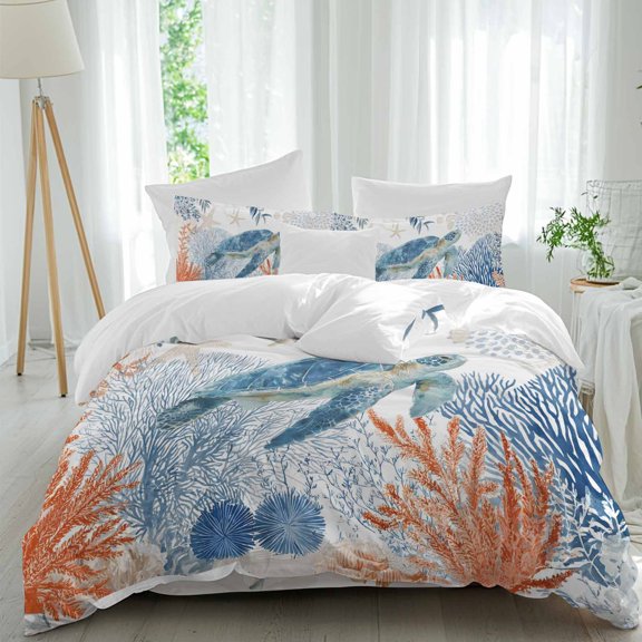Sea Corals Turtle Queen Size Comforter Set, Summer Beach Sea Stars Bedding for All Seasons, 4 Pcs Bed Set, 1Quiltcover (90"x92") ,1Sheet(94"x116"), 2Pillowcases (30"x20")