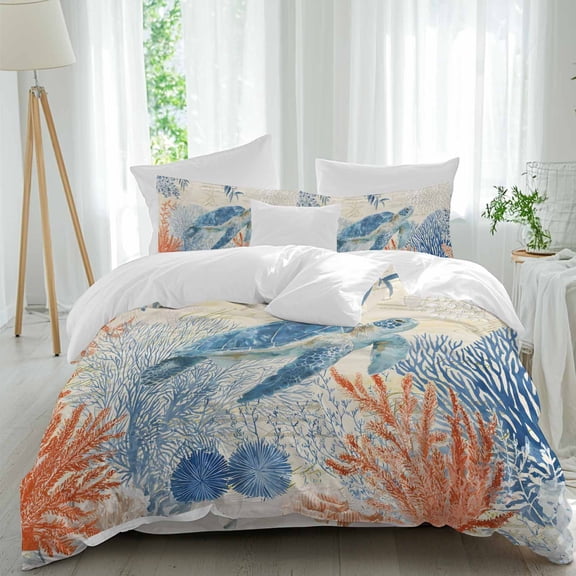 Sea Corals Turtle Twin Size Comforter Set, Summer Beach Sea Stars Retro Texture Bedding for All Seasons, 4 Pcs Bed Set, 1 Quiltcover (68"x86") ,1Sheet(67"x116"), 2Pillowcases (30"x20")