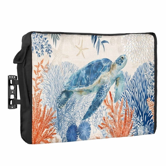 Sea Corals Turtle Waterproof Outdoor TV Cover, Summer Beach Sea Stars Linen Texture Outside Weatherproof TV Enclosures for 70 to 75 Inch LCD Television Shield Flat Screen Protectors