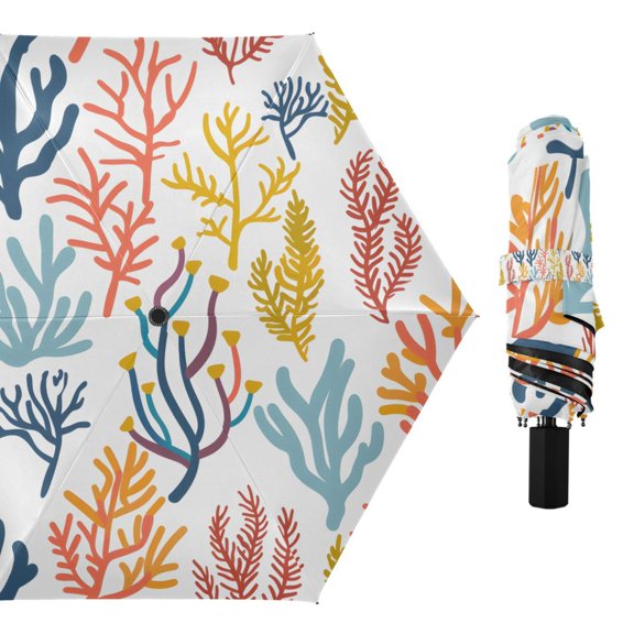 Sea Corals and Seaweed Compact Sun Umbrella Windproof Travel Umbrellas for Rain Strong Portable UV Protection