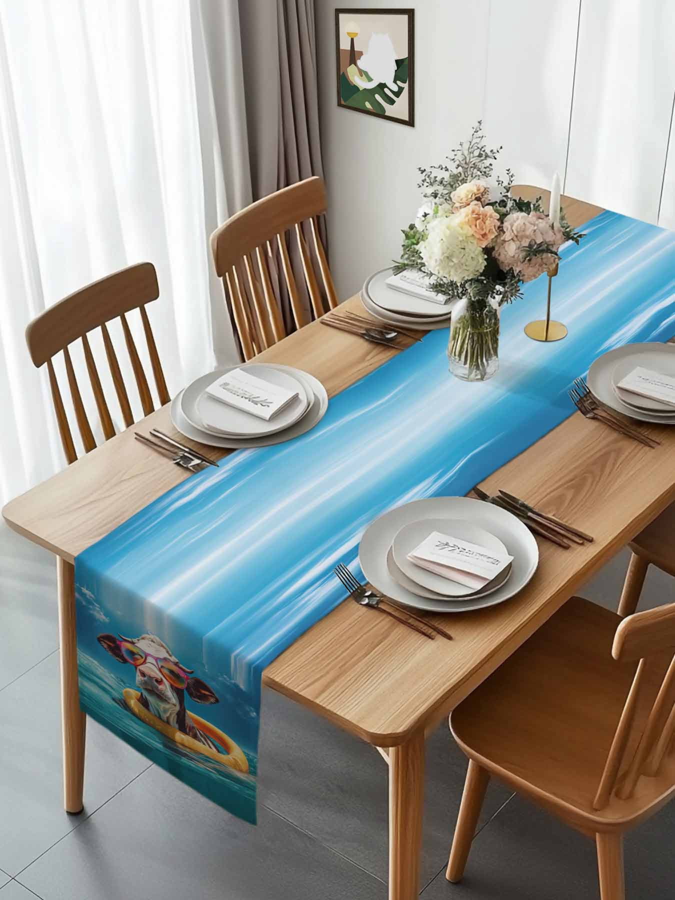 Sea Cow with Swimming Ring Sunglasses Table Runner 90 Inches Long, Summer Blue Sky Table Runners Tabletop Scarf Kitchen Dining Tables Decoration for Home Party Indoor Outdoor