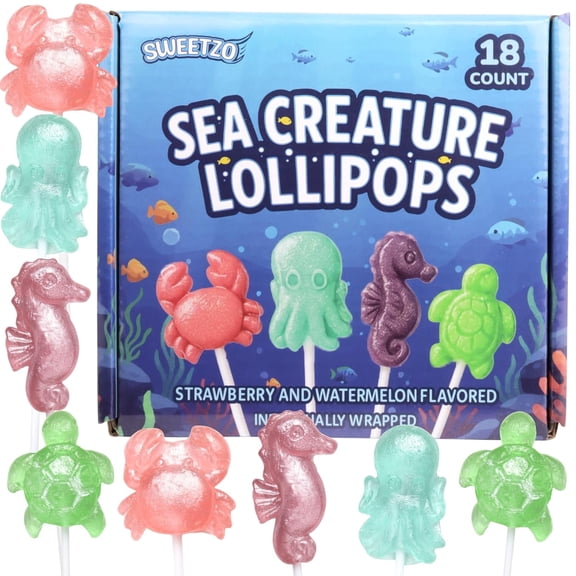 Sea Creature Shimmer Lollipops, Ocean Themed Candy, Individually Wrapped, 18 Count. 7.62 Ounces