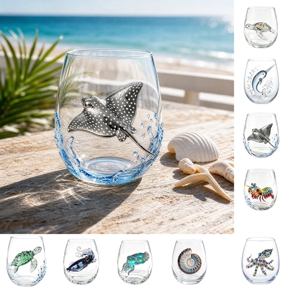 Sea Creature Stemless Wine Glass Set, Coastal Drinking Tumblers, Elegant Clear Glassware for Beach House Decor, Summer Entertaining & Nautical Theme Housewarming Gifts, P