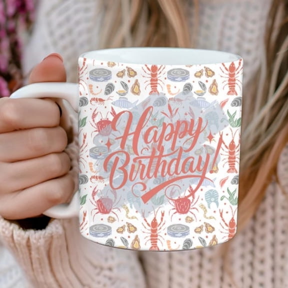 Sea Creatures Happy Birthday Ceramic Mug, Underwater Ocean Theme Gifup, Marine Present, Lobster Theme Gift Mug, Gift Her.