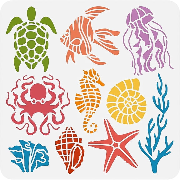 Sea Creatures Painting Stencil Turtle Octopus Jellyfish Conch Coral Ocean Creatures Stencils Template for DIY Crafts Scrapbook Wall Home