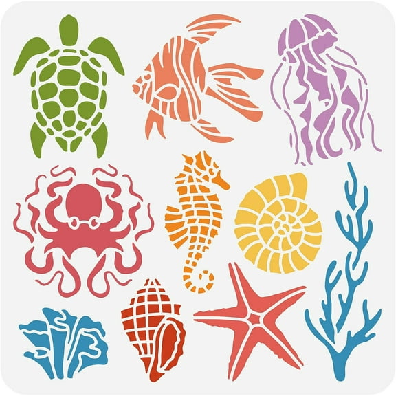 Sea Creatures Painting Stencil Turtle Octopus Jellyfish Conch Coral Ocean Creatures Stencils Template for DIY