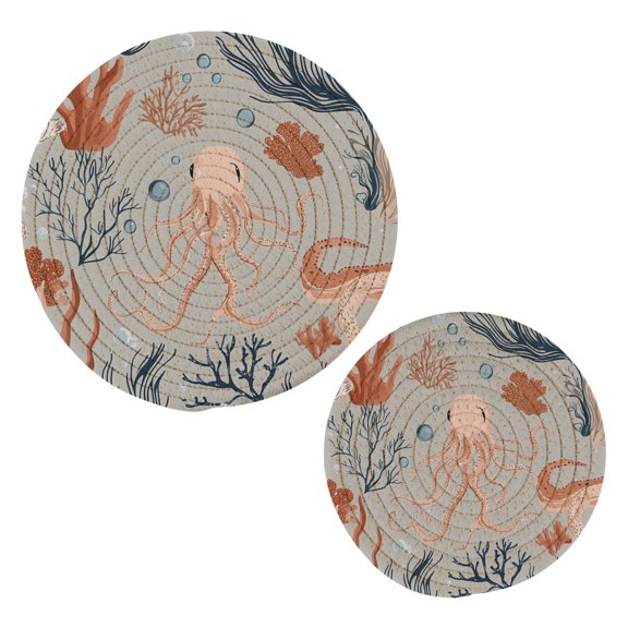 Sea Creatures Pattern Cotton Braided Potholders, 2 Pack Heat-Resistant Pads 7.09'' and 9.45''