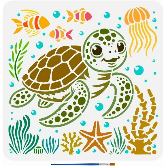 Sea Creatures Stencils with a Paint Brush 11.8x11.8Inch Submarine World PET Stencil Sea Turtles Decoration Stencils Fish Starfish Sea Stars Jellyfish Coral Bubbles Template for Painting