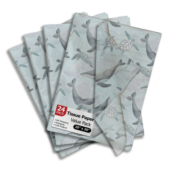 Sea Creatures Turtles and Whales Printed Tissue Paper for Gift Bags or Boxes and Wrapping - Ocean Bulk Decorative Art Tissue Paper for Packaging and Gifting | 24 Sheets 20" x 30"