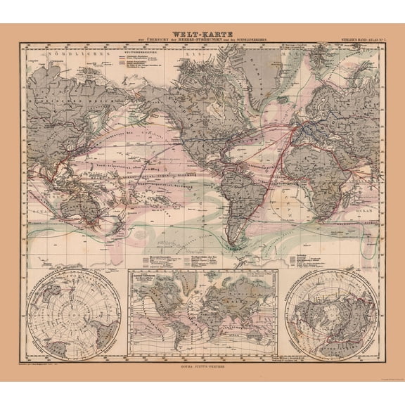 Historic Nautical Map - Sea Currents - Stieler 1885 - 25.93 x 23 - Vintage Wall Art