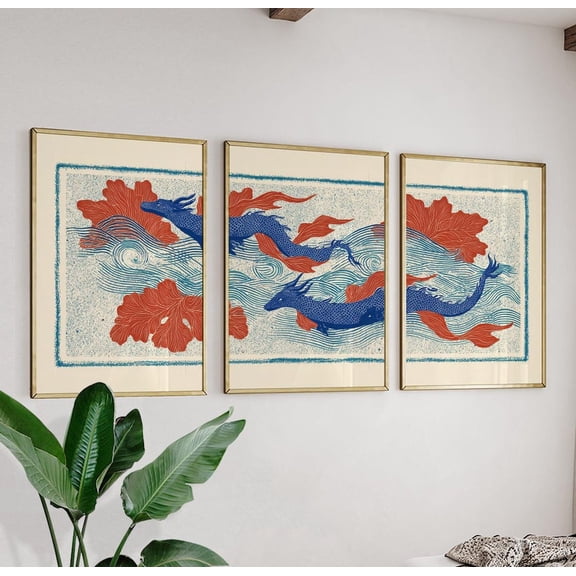 Sea Dragon Artwork Japanese Pointillist Print Set 3 Stretched Canvas 16x24