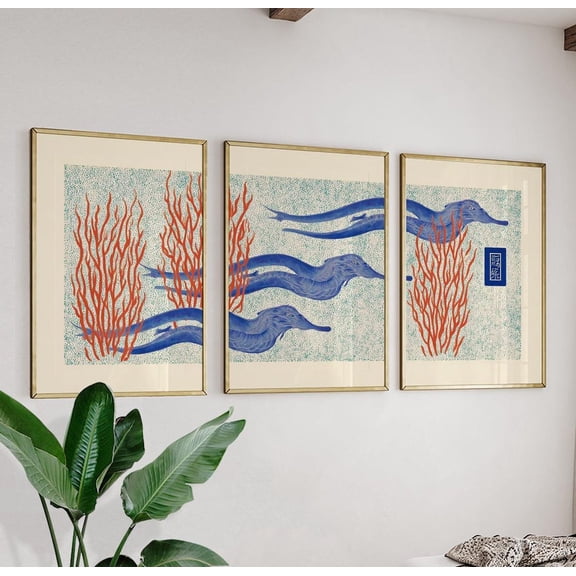 Sea Dragon Artwork Japanese Pointillist Print Version 2 Set 3 Stretched Canvas 12x18