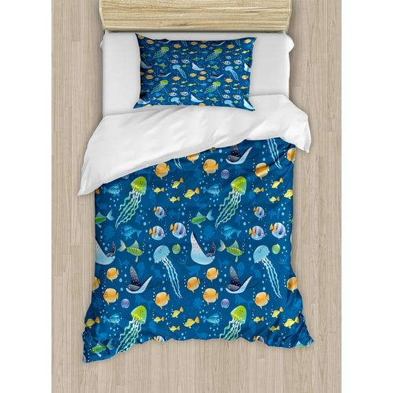 Under the Sea Duvet Cover Set, Fish Turtle and Other Swimming Nautical Creatures Bubbles, Decorative 2 Piece Bedding Set with 1 Pillow Shams, Twin Size, Dark Sky Blue Multicolor, by Ambesonne