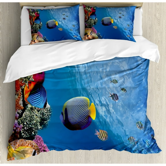 Under the Sea Duvet Cover Set King Size, Tropical Emperor Long Living Angelfish in Underwater Exotic Marine Animal Image, Decorative 3 Piece Bedding Set with 2 Pillow Shams, Blue, by Ambesonne