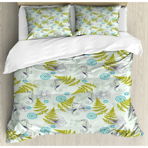 Sea Duvet Cover Set, Natural Theme Seahorses and Fern Patterns Leaves and Seashells, Decorative 3 Piece Bedding Set with 2 Pillow Shams, Queen Size, Almond Green Apple Green, by Ambesonne