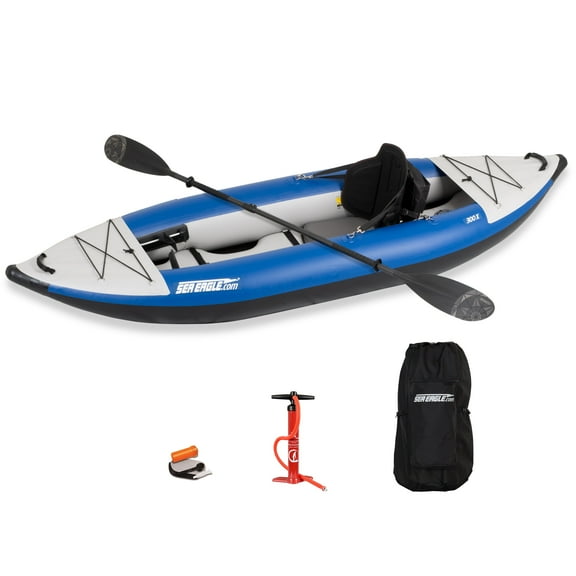 Sea Eagle 300X Explorer Touring, Camping, Fishing & Whitewater Inflatable Kayak, 1 Person, Lightweight, Self-Bailing, High Pressure Drop Stitch Floor-W/Paddle, Seat, SUP Pump - Pro Carbon Package