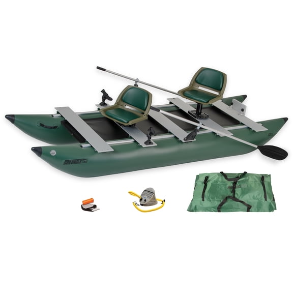 Sea Eagle 375fc FoldCat 1-2-Persons Inflatable Fishing Pontoon Boat, Lightweight & Portable, w/2 Green Swivel Seats, Pedestal, Oar Set, Scotty Rod Holders, Boat Bag, & Pump- Deluxe Package