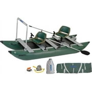 Sea Eagle 375fc FoldCat 1-2-Persons Inflatable Fishing Pontoon Boat, Lightweight & Portable, w/2 Green Swivel Seats, Pedestal, Oar Set, Scotty Rod Holders, Boat Bag, & Pump- Pro Angler Guide Package