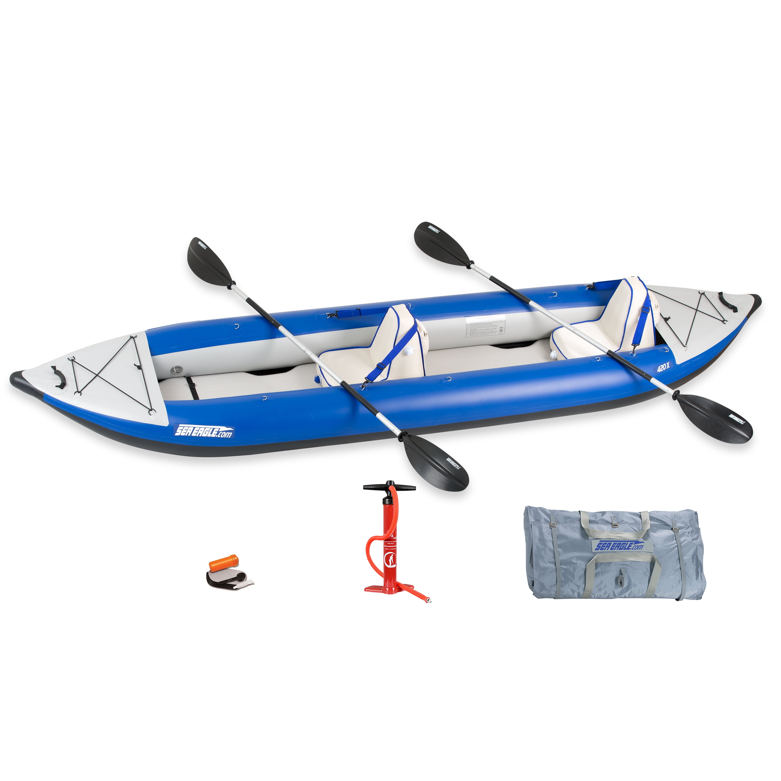Sea Eagle 420X Explorer Inflatable Kayak- Fishing, Touring, Camping,  Exploring & White Watering-Self Bailing, Removable Skeg, Drop Stitch Floor-  Deluxe Package 