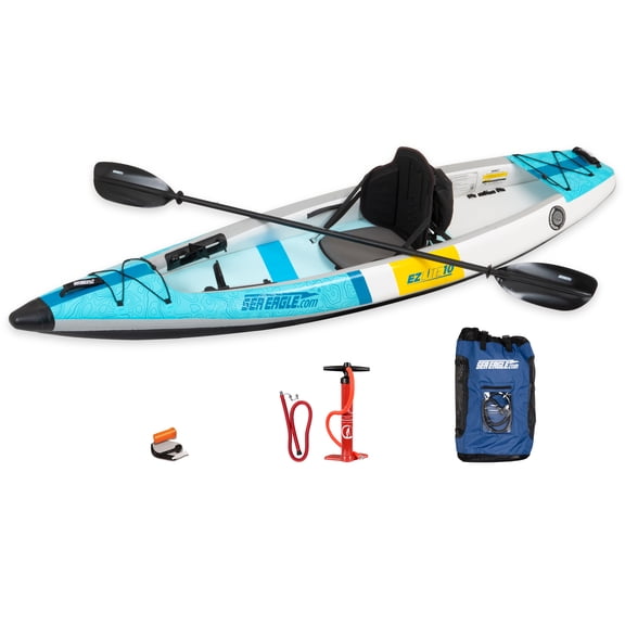 Sea Eagle EZLITE10 Ultralight, All Woven, Drop Stitch, Rigid, High Performance, Easy Setup, 10' Solo Inflatable Kayak- Pro Carbon Package