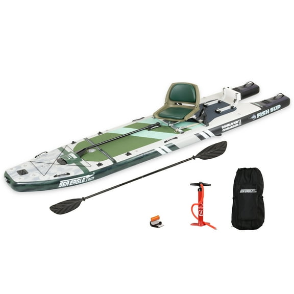 Sea Eagle FS1210 12’10” Inflatable FishSUP Fishing Stand-Up Paddleboard w/Paddle, Pump, Slide in Skeg & Backpack- Sit, Stand, Fish, Motor, or Troll- Swivel Seat Fishing Rig Package