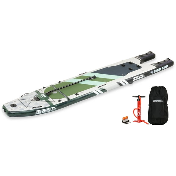 Sea Eagle FS1210 12’10” Inflatable FishSUP Fishing Stand-Up Paddleboard w/Paddle, Pump, Slide in Skeg & Backpack- Sit, Stand, Fish, Motor, or Troll