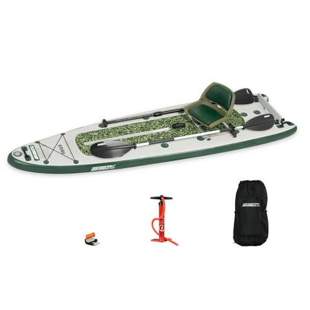 Sea Eagle FS126 12’6” Inflatable FishSUP Fishing Stand-Up Paddleboard w/Paddle(s), Pump, Removable Transom, Backpack/Optional Seat - Sit, Stand, Fish, Motor, or Troll- Fishing Rig Package
