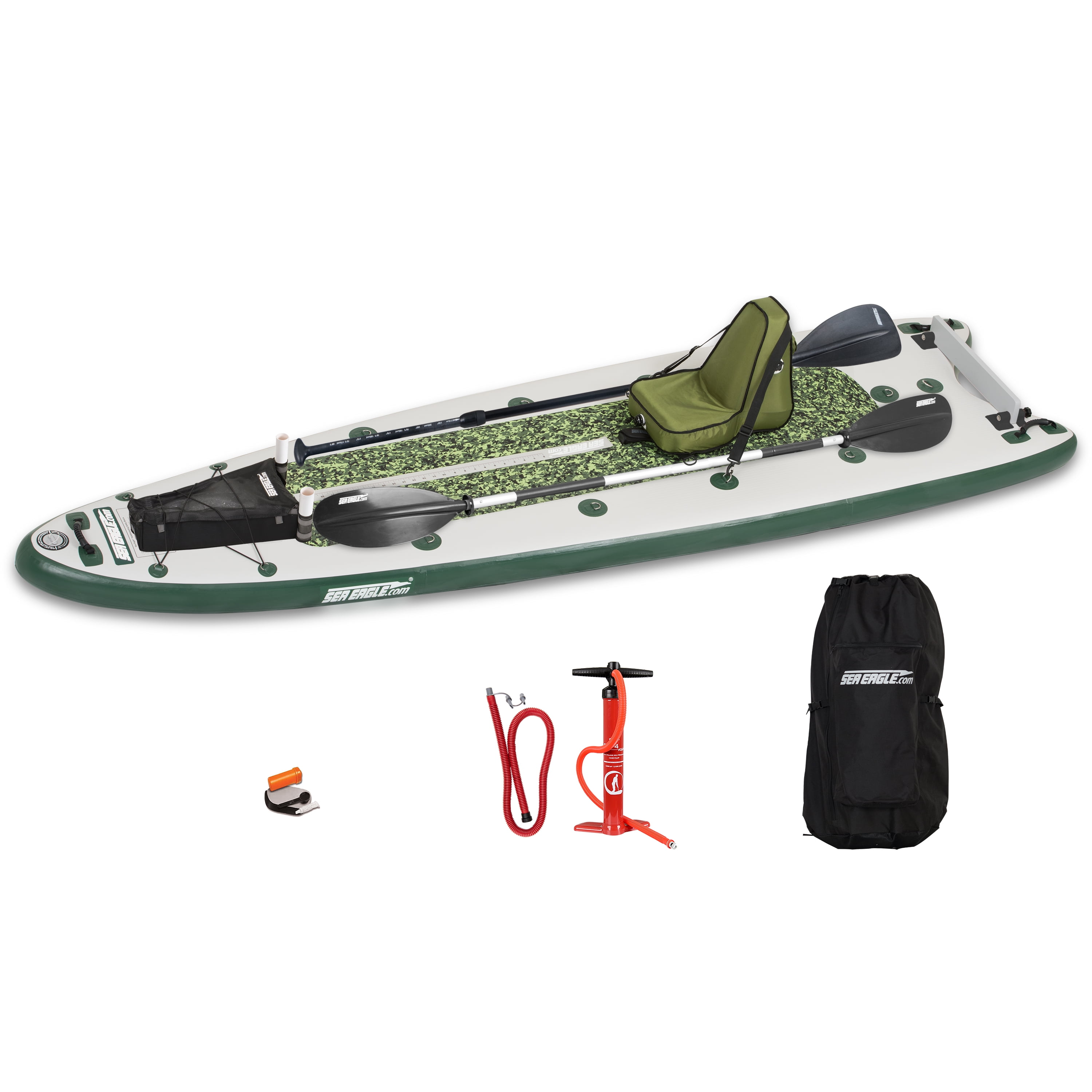 Sea Eagle FS126 12'6” Inflatable FishSUP Fishing Stand-Up Paddleboard  w/Paddle(s), Storage Box, Pump, Removable Transom, Backpack/Optional Seat -  Sit, Stand, Fish, Motor, or Troll- Start Up Package 