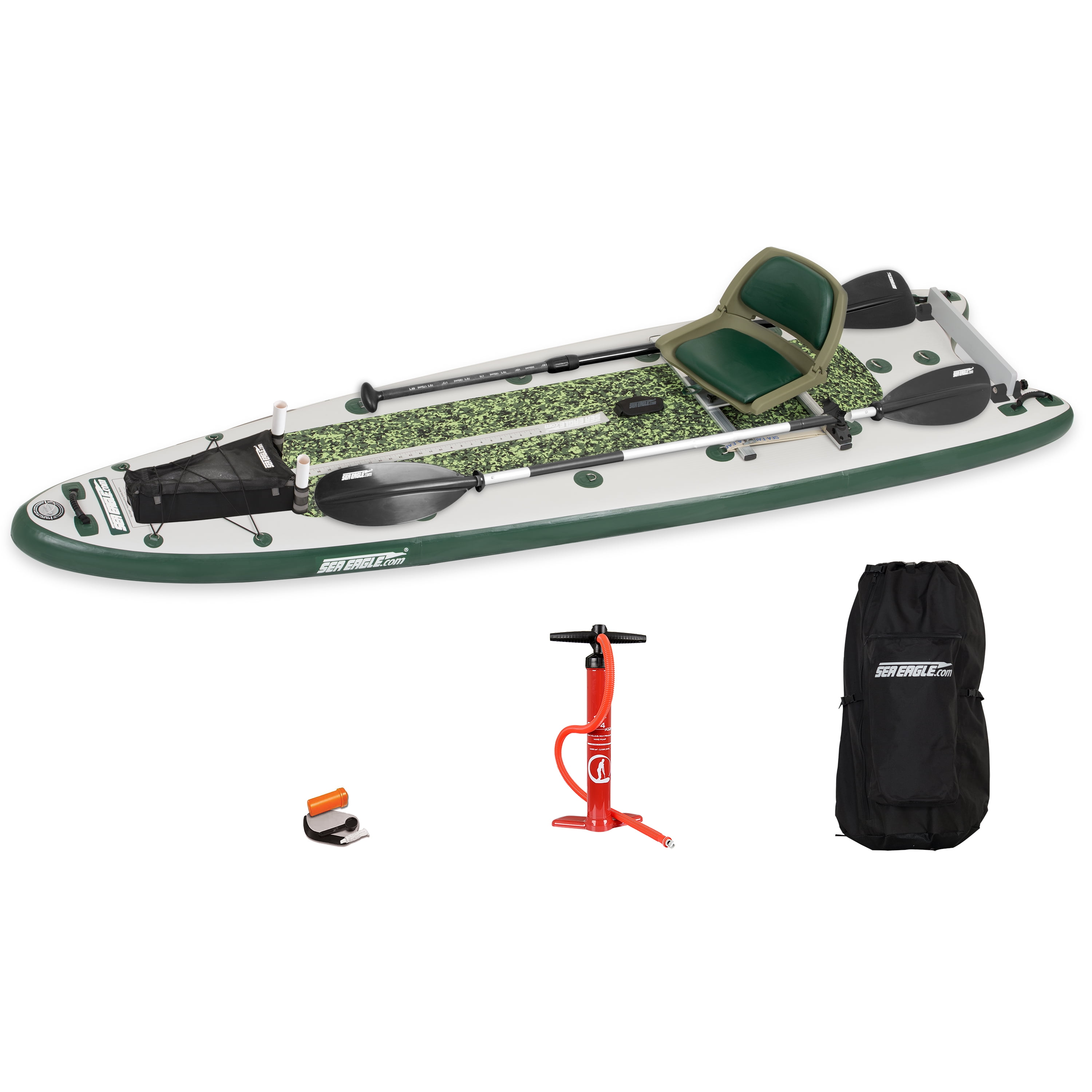 Sea Eagle FS126 12'6” Inflatable FishSUP Fishing Stand-Up Paddleboard  w/Paddle(s), Storage Box, Pump, Removable Transom, Backpack/Optional Seat -  Sit, Stand, Fish, Motor, or Troll- Start Up Package 