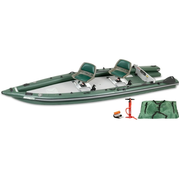 Sea Eagle FSK16 FishSkiff Inflatable 16', High Pressure, All-Drop-Stitch, 1-3 Person Frameless Fishing Boat w/Rigid 6” External Keel- Portable & Storable - 2 Person Swivel Seat Package