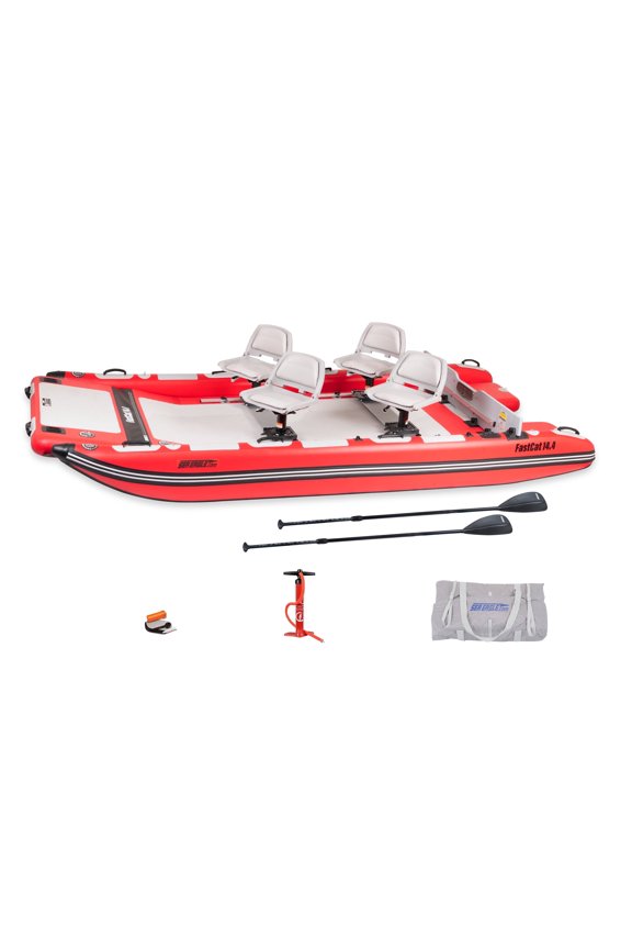 FastCat Catamaran 2-4 Person Inflatable Boat-Rigid, High-Pressure, All-Drop Stitch, Easy Setup, Self-Bailing