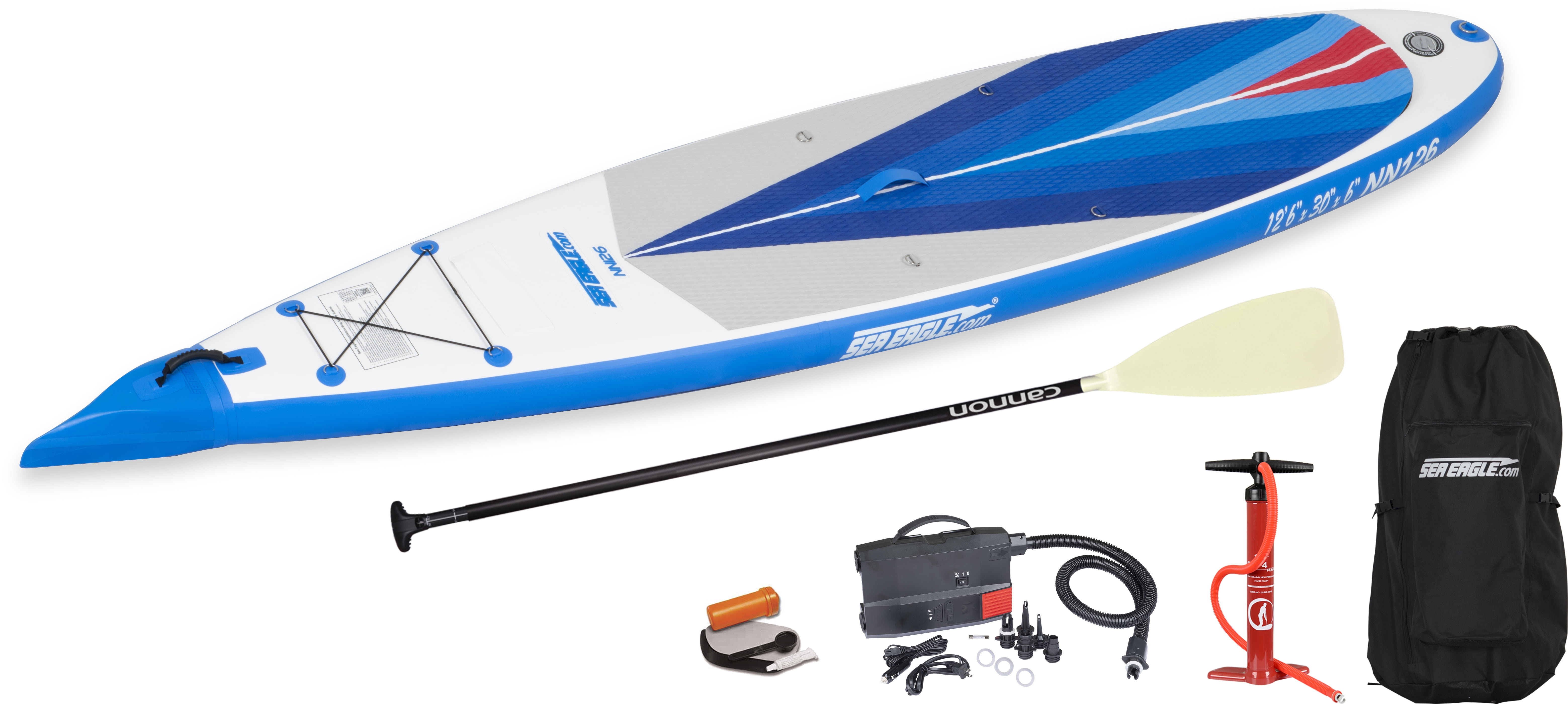 Sea Eagle NeedleNose 12’6” Inflatable Lightweight High Pressure Drop Stitch Stand Up Paddle Board SUP w/ Patented Wave Piercing Bow, SUP Paddle, Pump, Slide in Skeg & Backpack- Electric Pump Package