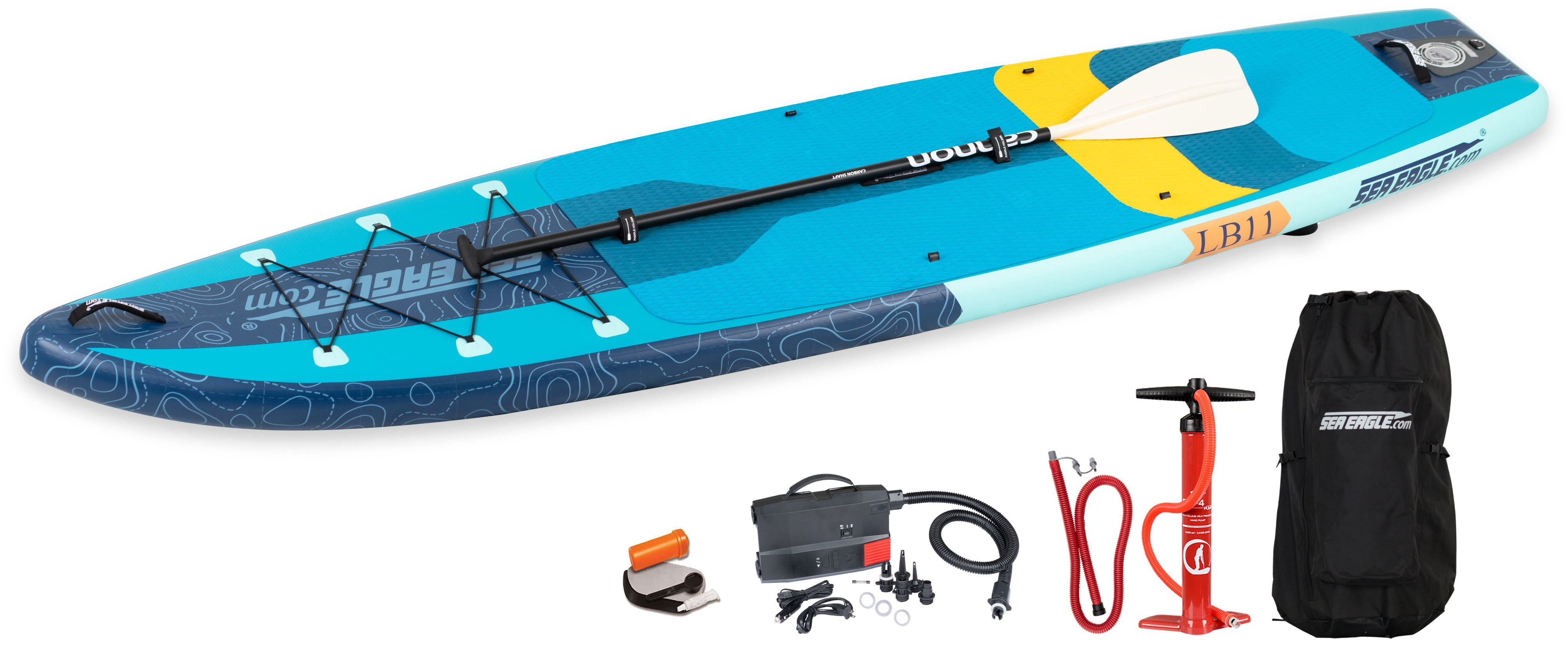 Sea Eagle Newly Re-Designed Longboard LB11 Inflatable Stand Up/Sit Down 11' iSUP Paddleboard - Beginners/Experts, Flat Water/Surf- Sit, Stand, Surf, Fish, Tour or do Yoga- Electric Pump Package