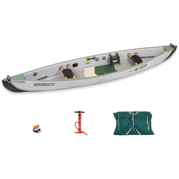 Sea Eagle TC16 Inflatable 16’ High Pressure Drop Stitch Travel Canoe-Wood Web Seats, Pump, Bag and Optional Paddles for Lakes, Rivers & Bays-Easy to Transport, Pack & Stow- Basic Package w/Web Seats
