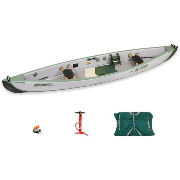 Sea Eagle TC16 Inflatable 16’ High Pressure Drop Stitch Travel Canoe-Wood Web Seats, Pump, Bag and Optional Paddles for Lakes, Rivers & Bays-Easy to Transport, Pack & Stow- Basic Package w/Web Seats
