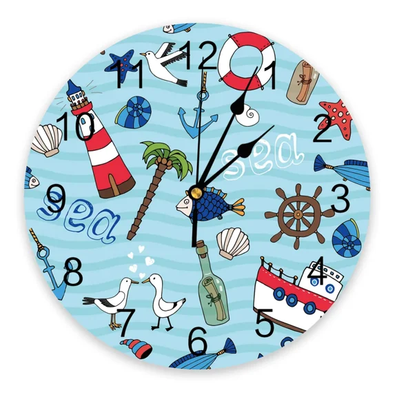 Sea Element Lighthouse Cruise Ship Seagull Print Wall Clock Art Silent Round Watch for Home Decortaion Gift（12 Inch）