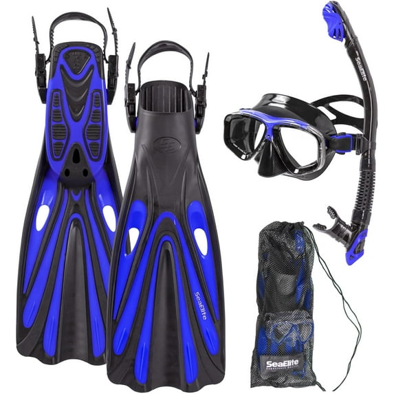 Sea Elite M2 Starter Dual Lens Mask, Fins, and Snorkel Package - Blue - Large/XLarge