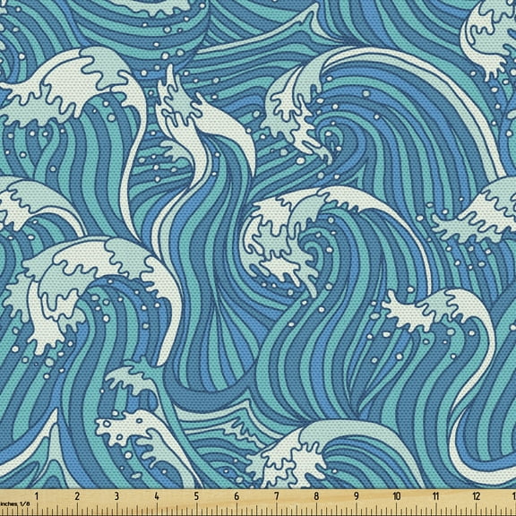 Ambesonne Sea Fabric by the Yard Upholstery, Nautical Foamy Lines Drawing, 2 Yards, Sea Blue Ivory