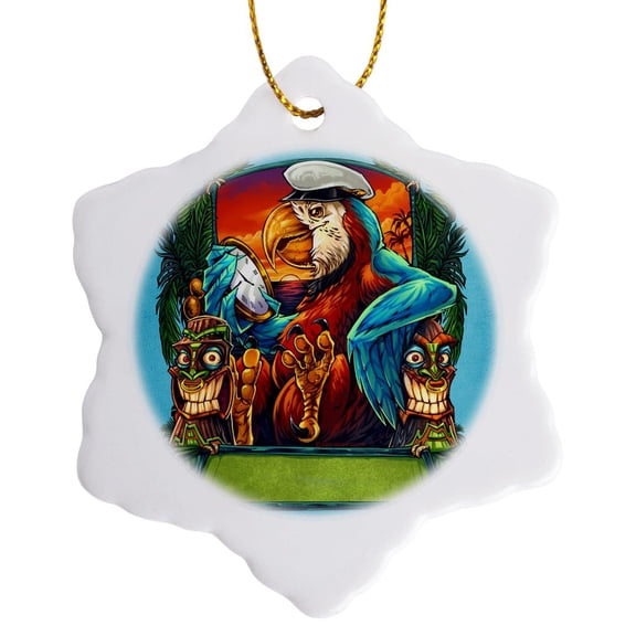 3drose, Sea-faring Parrot Ship Captain with Tiki Heads, 3 inch Snowflake Porcelain Ornament