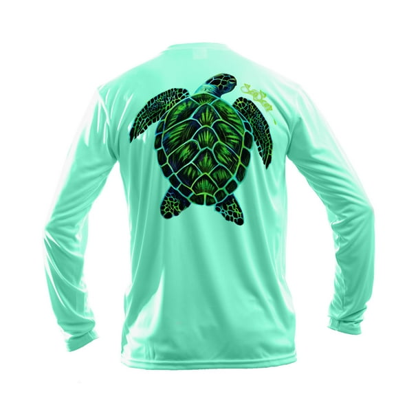 Sea Fear Men's 50+ UPF Long Sleeve Rash Guard Scuba Diving, Snorkeling, Electric Turtle, Sea Grass