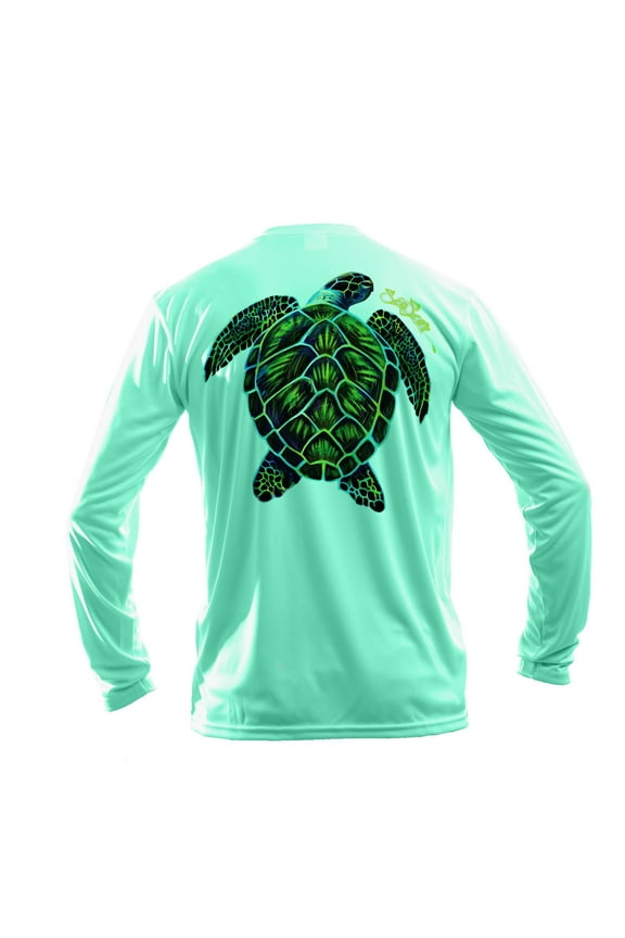 Men's 50+ UPF Long Sleeve Rash Guard Scuba Diving, Snorkeling, Electric Turtle, Sea Grass