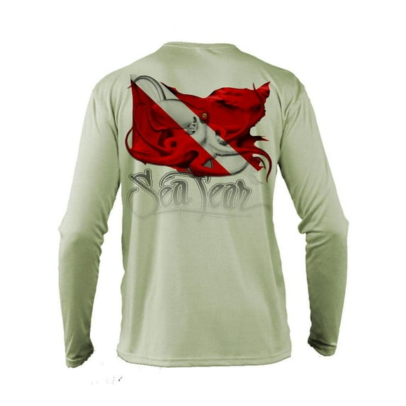 Sea Fear Men's Fishing Shirt - Octopus Dive Flag Graphic Long Sleeve Beach Shirt (Sea Grass, Small)
