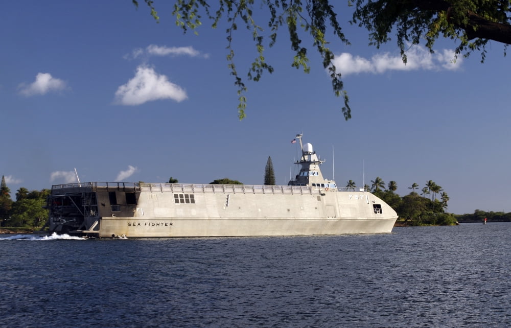 Sea Fighter FSF-1 Littoral Surface Craft transits out of Pearl Harbor channel back out to sea Canvas Art - Michael WoodStocktrek Images (34 x 22)