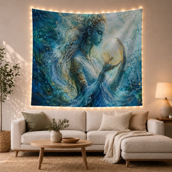 Sea Figure Holding Golden Orb In Water, Mystical Fantasy Style For Ocean Lovers, Goddess Wall Art, Housewarming Gift, Tapestry Wall Hanging For Bedroom, Meditation Room And Dorm