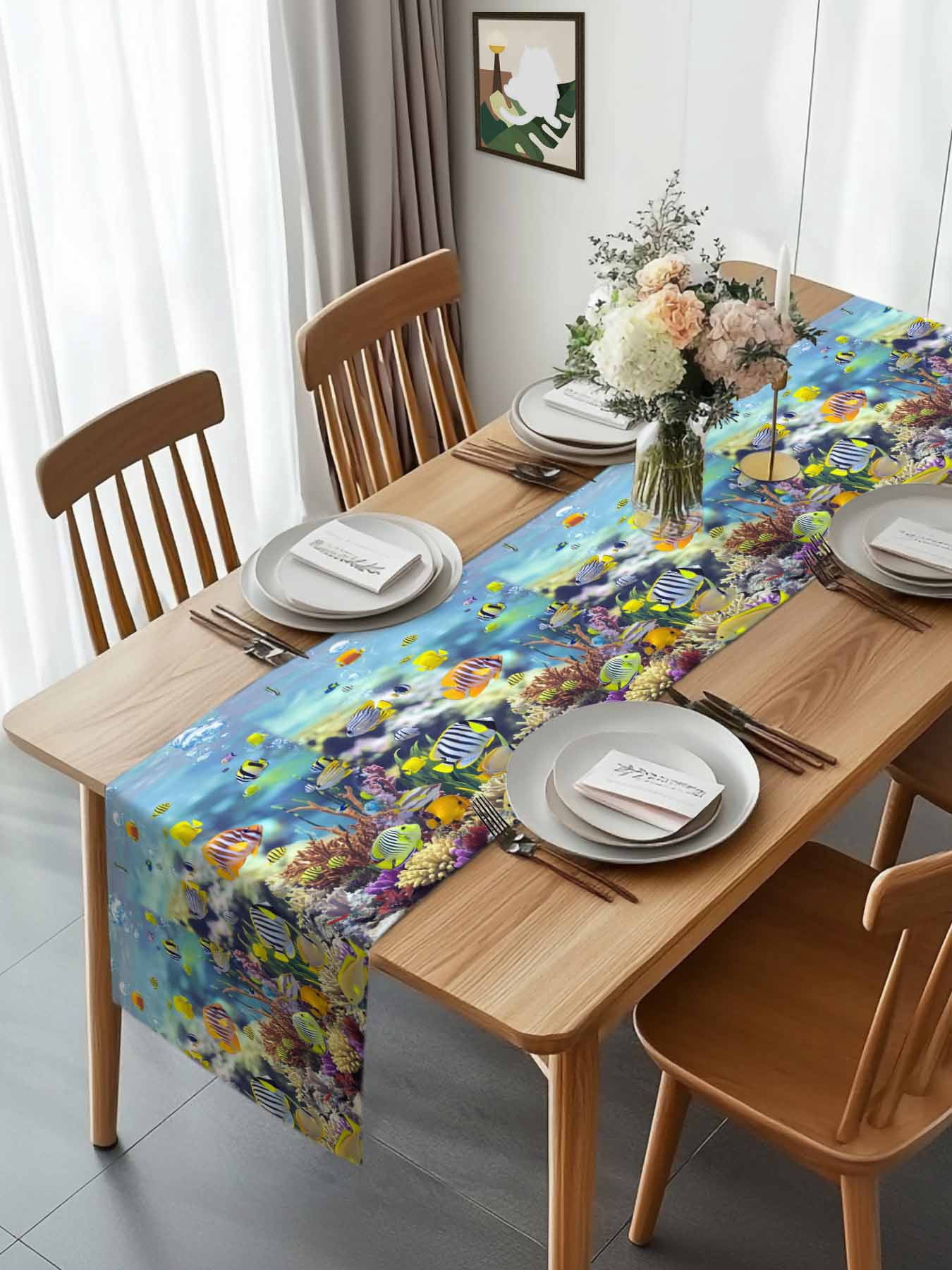 Sea Fish Coral Seaweed Table Runner 90 Inches Long, Summer Blue Ocean Table Runners Tabletop Scarf Kitchen Dining Tables Decoration for Home Party Indoor Outdoor