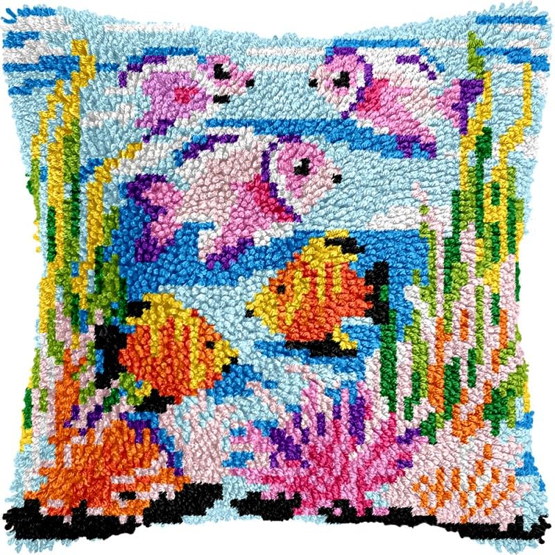 Sea Fishes Latch Hook Pillow Kits Pillow Cover with Pattern Printed Canvas Sofa Hooking Pillowcase Cushion Crafts Embroidery Latch Hooking Crochet Starter Kits 17x17 inch(1)