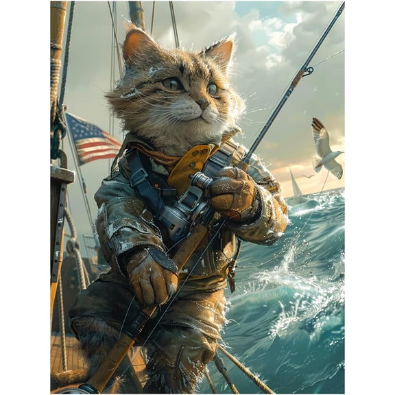 Sea Fishing Cat Poster Canvas Wall Art Prints Humor and Cute House Decoration Aesthetic Suitable for Living Room and Bedroom Wall Decor (12x16 Inches Unframed)